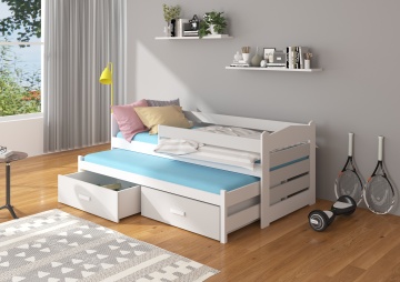 Pat copii ADRK TIARRO – 80x180 cm – cu somieră inclusă – cu ladă de depozitare – cu barieră de protecție – Alb / Gri – SKU CH-Tia-W+G-186-E1348