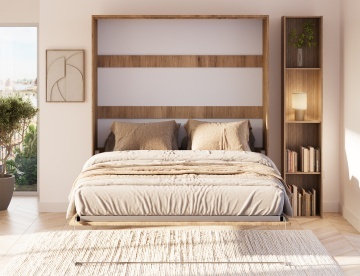 Pat rabatabil ADRK Vivario 160 – 160x200 cm – Stejar Artisan – închis în ambient luminos, vedere frontală între biblioteci