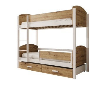 Pat supraetajat ADRK copii Jori – 90x190 cm – cu somieră inclusă – cu ladă de depozitare – cu barieră de protecție – Alb / Stejar Artisan – SKU CH-JOR-WA-200-BAR-M