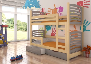 Pat supraetajat ADRK copii OSUNA – 75x180 cm – cu somieră inclusă – cu ladă de depozitare – Pin / Gri