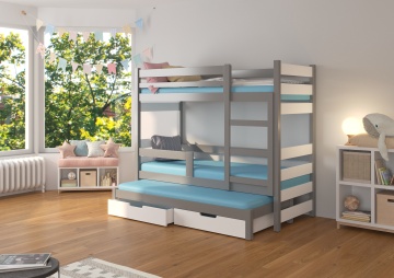Pat supraetajat ADRK pentru 3 persoane KARLO – 75x180 cm – cu somieră inclusă – cu ladă de depozitare – Gri / Alb