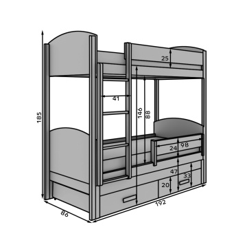 Pat supraetajat ADRK pentru 3 persoane Leia – 80x180 cm – Alb / Gri – prezentare alternativă a modelului