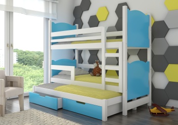 Pat supraetajat ADRK pentru 3 persoane LETICIA – 75x180 cm – cu somieră inclusă – cu ladă de depozitare – Alb / Albastru