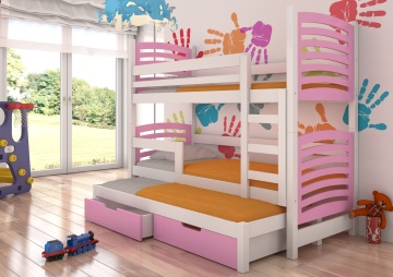 Pat supraetajat ADRK pentru 3 persoane SORIA – 75x180 cm – cu somieră inclusă – cu ladă de depozitare – Alb / Roz