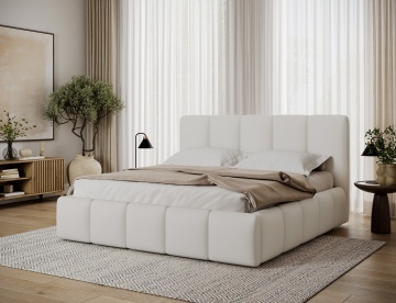 Pat tapițat ELTAP Edvige, 140x200 cm, alb, Soft 17 – amenajat într-un dormitor, vedere trei sferturi din lateral – prezentare suplimentară a modelului