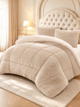 Pilotă Fluffy extra pufoasă 200×230 cm cu 2 fețe de pernă, set 3 piese, bej crem – Johnny Home FA-09