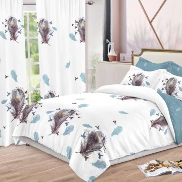 set complet format din lenjerie de pat si draperie, culoare alb / albastru