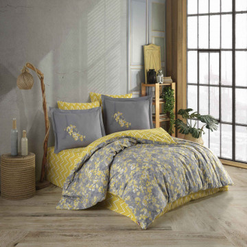 Lenjerie de pat, 100% bumbac, tesatura poplin, pat 2 persoane, galben / gri, Alanza
