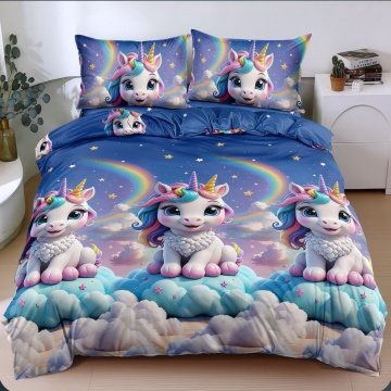 Lenjerie de pat albastră cu unicorn și curcubeu, 4 piese, policoton