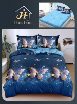 Lenjerie de pat cu elastic 2 persoane | bleumarin cu fluturi multicolori | 4 piese | Policoton fin | Johnny Home