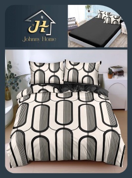Lenjerie de pat cu elastic 2 persoane | crem si negru cu model geometric | 4 piese | Policoton fin | Johnny Home