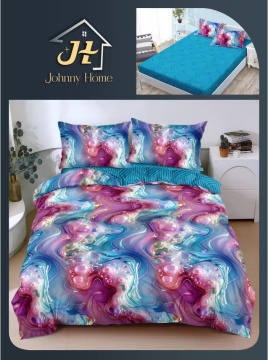 Lenjerie de pat cu elastic 2 persoane | turcoaz si mov cu model abstract | 4 piese | Policoton fin | Johnny Home
