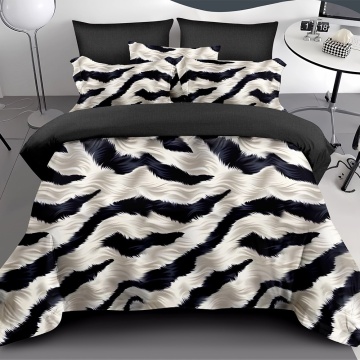 Lenjerie de pat cu elastic, policoton, 2 persoane, 6 piese, alb și negru, Elegant Home Pucioasa, T365