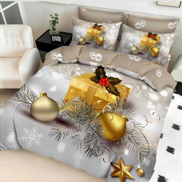 Lenjerie de pat de Crăciun cu elastic, policoton, 6 piese, auriu și gri, Elegant Home Pucioasa, MT-02