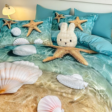 Detaliu lenjerie de pat turcoaz JOJO HOME cu stele de mare și scoici imprimate digital 5D