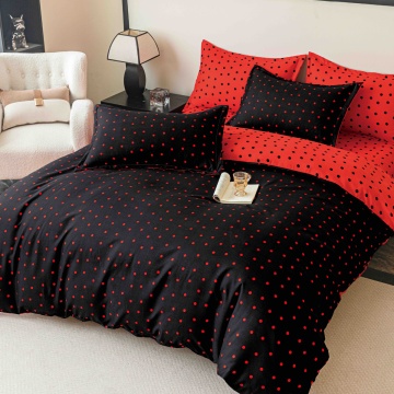 Lenjerie de pat finet cu elastic, 6 piese, negru și roșu, buline, JoJo Home, FNJE-271
