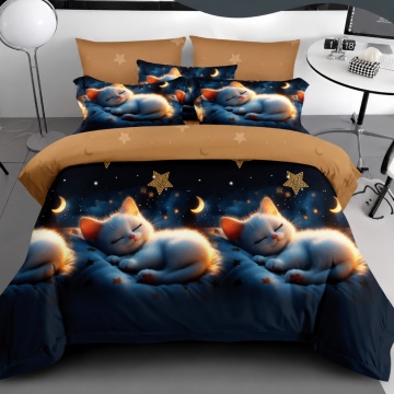 Lenjerie de pat Johnny Home Pucioasa, 6 piese, finet, model pisică dormind pe fundal bleumarin/maro, 2 persoane