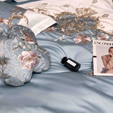 Bumbac satinat Premium bleu JoJo Home cu broderie florală decorativă
