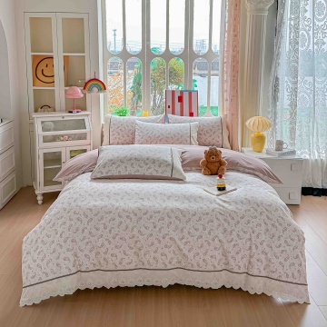 Lenjerie de Pat Ranforce 100% Bumbac Roz Pudrat cu Model Paisley si Dantela | 4 Piese | Cearceaf cu Elastic 180x200 cm | Jojo Home