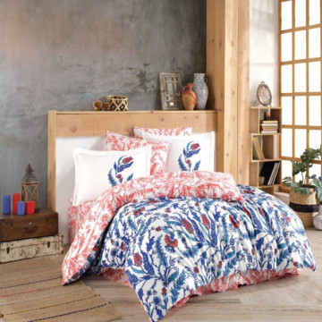 Lenjerie de pat Sophia, bumbac poplin 100%, 4 piese, pat 2 persoane, roșu / albastru