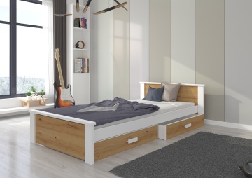 Pat copii ADRK ALDEX – 90x200 cm – cu somieră inclusă – cu ladă de depozitare – Alb / Stejar Artisan – SKU CH-Alde-W+ART-208+M-E1936