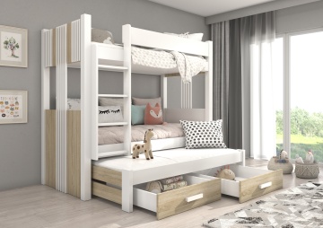 Pat copii ADRK ARTEMA – 90x200 cm – cu somieră inclusă – cu ladă de depozitare – Alb / Sonoma – SKU CH-ARTE-WS-200
