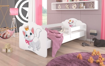 Pat copii ADRK CASIMO – 70x140 cm – cu somieră inclusă – cu barieră de protecție – Pisică – Alb