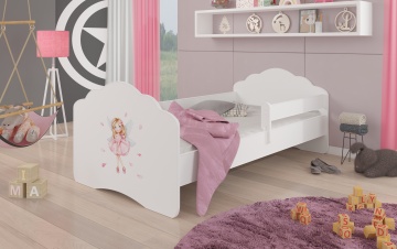 Pat copii ADRK CASIMO – 80x160 cm – cu somieră inclusă – cu barieră de protecție – Fetiță cu aripi – Alb – Varianta 1