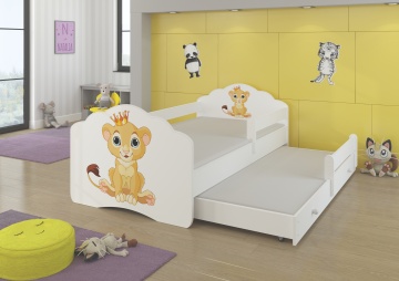 Pat copii ADRK CASIMO II – 80x160 cm – cu somieră inclusă – cu barieră de protecție – Leu – Alb