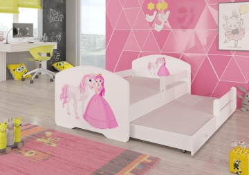 Pat copii ADRK PEPE II – 80x160 cm – cu somieră inclusă – cu barieră de protecție – Prințesă și cal – Alb