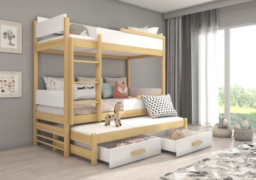 Pat copii ADRK QUEEN – 80x180 cm – cu somieră inclusă – cu ladă de depozitare – Pin natural / Alb – SKU CH-QUE-PN_W-180