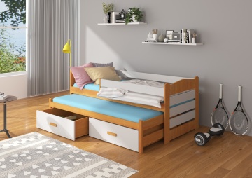 Pat copii ADRK TIARRO – 90x200 cm – cu somieră inclusă – cu ladă de depozitare – cu barieră de protecție – Arin / Gri – SKU CH-Tia-OLCH+G-206-E1394