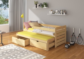 Pat copii ADRK TOMI – 90x200 cm – cu somieră inclusă – cu ladă de depozitare – cu barieră de protecție – Pin natural – SKU CH-Tom-PINEN-206-E1442