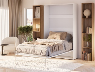 Pat rabatabil ADRK Vivario 120 – 120x200 cm – Alb – deschis cu lenjerie bej în ambient, vedere laterală