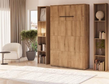 Pat rabatabil ADRK Vivario 120 – 120x200 cm – Stejar Artisan – deschis cu lenjerie bej în ambient, vedere laterală