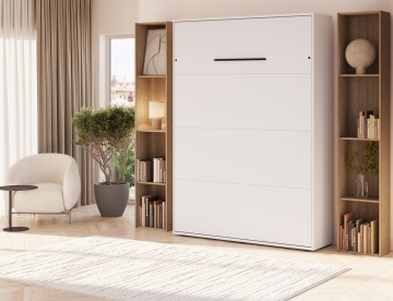 Pat rabatabil ADRK Vivario 140 – 140x200 cm – Alb – deschis cu lenjerie bej în ambient, vedere laterală