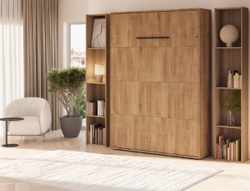 Pat rabatabil ADRK Vivario 140 – 140x200 cm – Stejar Artisan – deschis cu lenjerie bej în ambient, vedere laterală