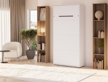 Pat rabatabil ADRK Vivario 90 – 90x200 cm – Alb – deschis cu lenjerie bej în ambient, vedere laterală
