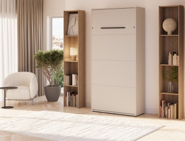 Pat rabatabil ADRK Vivario 90 – 90x200 cm – Cașmir – deschis cu lenjerie bej în ambient, vedere laterală