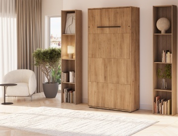 Pat rabatabil ADRK Vivario 90 – 90x200 cm – Stejar Artisan – deschis cu lenjerie bej în ambient, vedere laterală