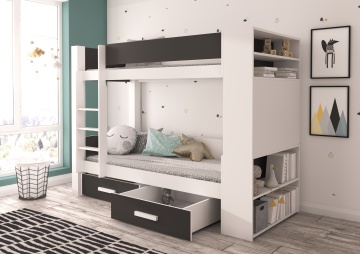 Pat supraetajat ADRK copii GARET – 80x180 cm – cu somieră inclusă – cu ladă de depozitare – Alb / Antracit – SKU CH-Gar-W+ANT-210-E2121