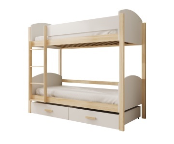 Pat supraetajat ADRK copii Jori – 80x170 cm – cu somieră inclusă – cu ladă de depozitare – Alb / Pin – SKU CH-JOR-WP-180