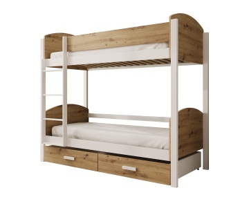 Pat supraetajat ADRK copii Jori – 90x190 cm – cu somieră inclusă – cu ladă de depozitare – Alb / Stejar Artisan – SKU CH-JOR-W-A-200-M