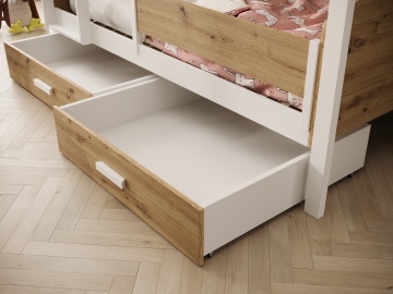 Pat supraetajat ADRK copii Jori – 90x190 cm – Alb / Stejar Artisan – vedere generală a produsului – cadru alternativ al produsului