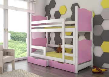 Pat supraetajat ADRK copii MARABA – 75x180 cm – cu somieră inclusă – cu ladă de depozitare – Alb / Roz