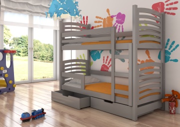 Pat supraetajat ADRK copii OSUNA – 75x180 cm – cu somieră inclusă – cu ladă de depozitare – Gri