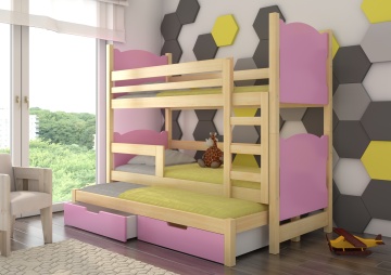 Pat supraetajat ADRK pentru 3 persoane LETICIA – 75x180 cm – cu somieră inclusă – cu ladă de depozitare – Pin / Roz