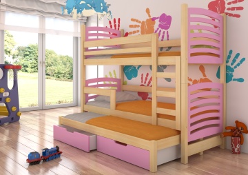 Pat supraetajat ADRK pentru 3 persoane SORIA – 75x180 cm – cu somieră inclusă – cu ladă de depozitare – Pin / Roz