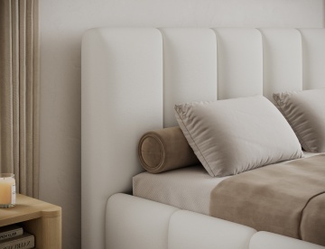 Pat tapițat ELTAP Edvige, 140x200 cm, alb, Soft 17 – detaliu al tăbliei tapițate și al pernei decorative – cadru alternativ al produsului