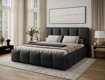 Pat tapițat ELTAP Edvige, 140x200 cm, negru, Soft 11 – amenajat într-un dormitor luminos, vedere trei sferturi – prezentare suplimentară a modelului